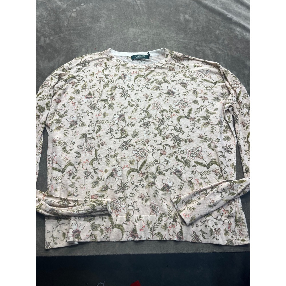 Lauren Ralph Lauren Women XL Pink Floral Crew Neck Long‎ Sleeve Knit Top Sweater